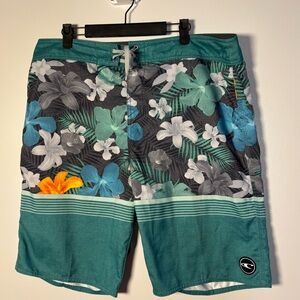 O'Neill Teal Floral Men's Board Shorts with Turquoise & Orange Accents